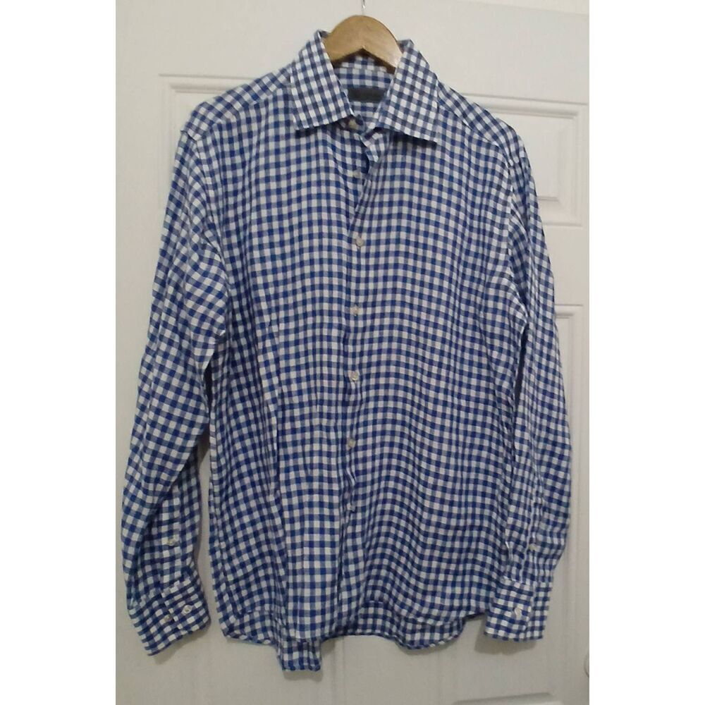 Suitsupply mens size 16 blue white gingham 100% linen button down shirt